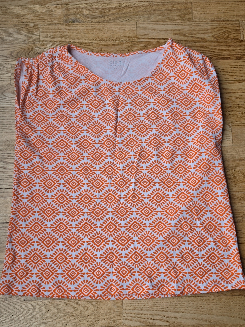 (L) cleo Petires Women's Orange Patterned Short-Sleeve Top Vibrant Bright Aztec